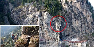 Sümela Manastırı'nı tehdit eden 360 tonluk kaya sabitleniyor