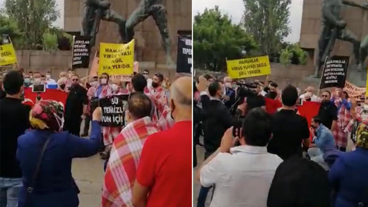 Ankara'da tellaklar hamamların kapalı olmasını peştemallarıyla protesto etti