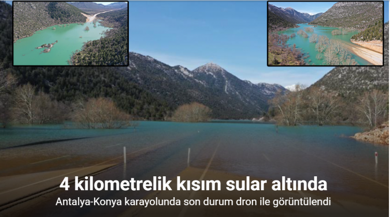 Antalya-Konya karayolunda son durum dron ile görüntülendi: 4 kilometrelik kısım sular altında