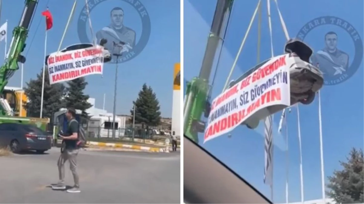 Araba firmasına sinirlenen kadın aracını vinçle bayi önüne astı