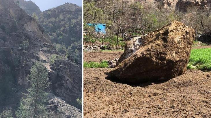 Artvin'de yamaçtan kopan dev kayalar bir evin bahçesine düştü
