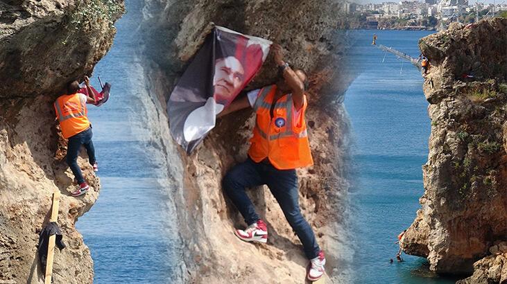 Atatürk posterini falezlere asmak isterken zor anlar yaşadı