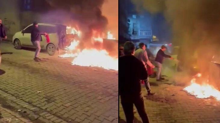 Çöp konteynerinde çıkan yangın park halindeki aracı yaktı