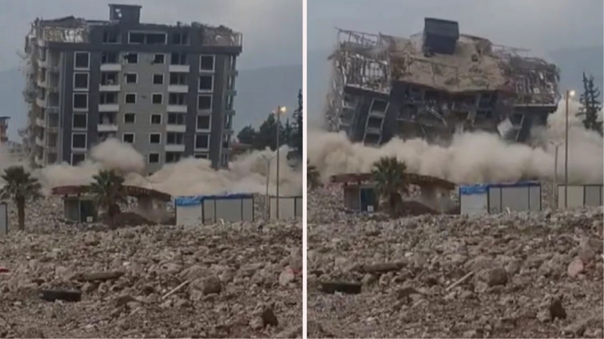 Depremin vurduğu Hatay'da dinamitle patlatılan 10 katlı bina kağıt gibi yerle bir oldu