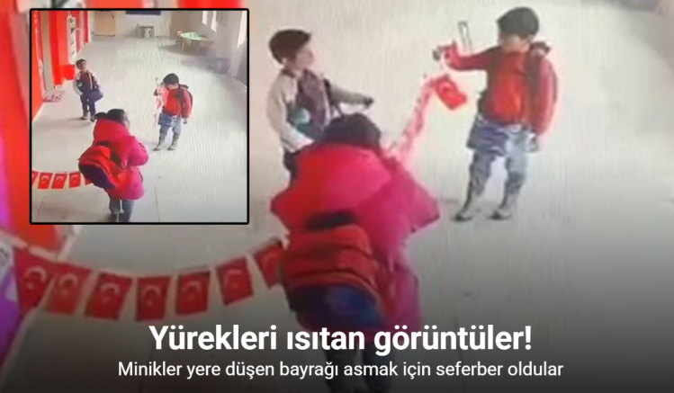 Erzurum’dan yürekleri ısıtan görüntüler: Minikler yere düşen bayrağı asmak için seferber oldular