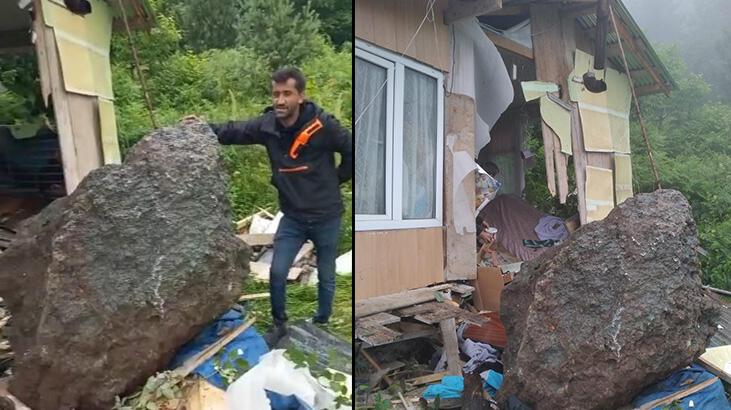 Faciadan dönüldü! Yamaçtan kopan kaya evin duvarını yıktı