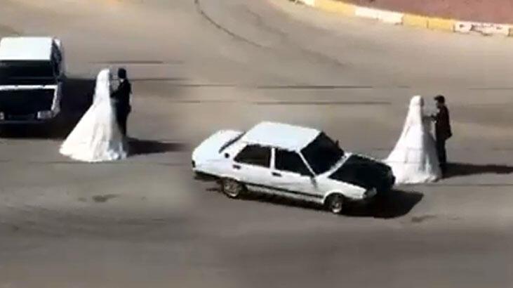 Gelin ile damadın etrafında tehlikeli drift! Az daha ezecekti