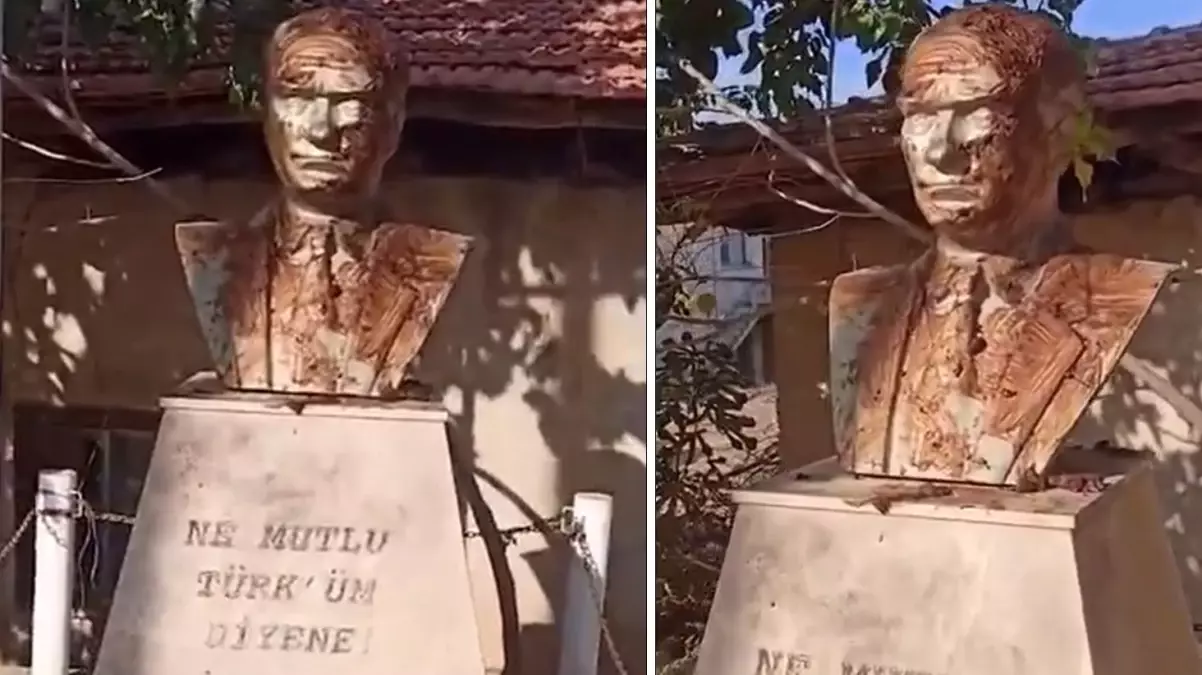 İzmir'de skandal görüntüler! Atatürk büstlerine çuval geçirip dışkı sürüldü