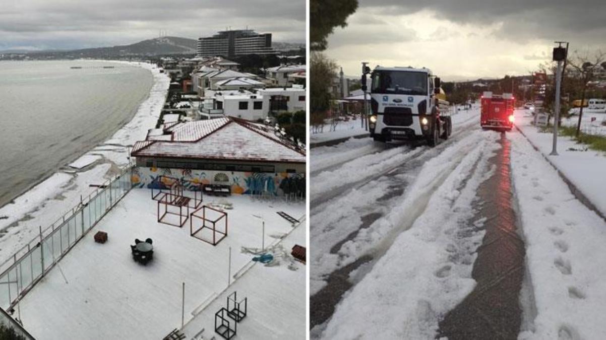 İzmir'e fındık büyüklüğünde dolu yağdı! Sokak ve caddeler beyaza büründü