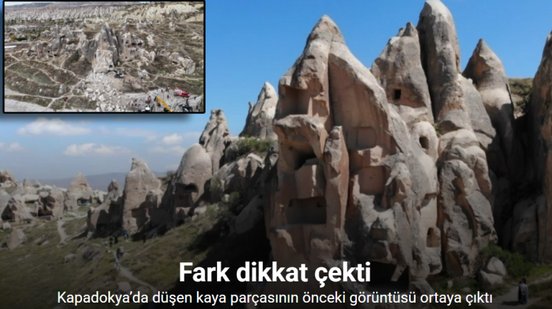 Kapadokya’da düşen kaya parçasının önceki görüntüsü