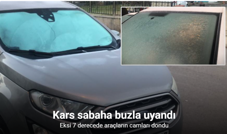 Kars sabaha buzla uyandı: Eksi 7 derecede araçların camları dondu