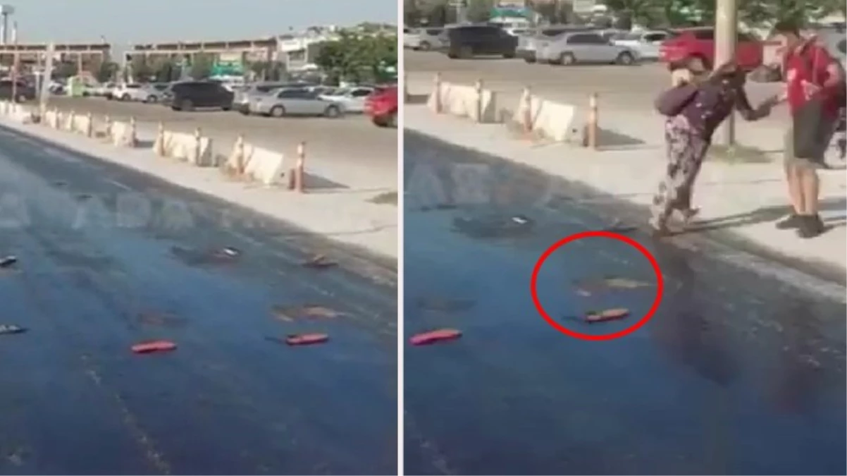 Kuşadası'nda aşırı sıcaklarda eriyen asfalta terlikler yapıştı