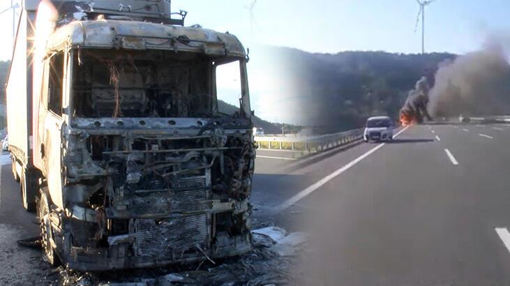 Kuzey Marmara Otoyolu'nda seyir halindeki TIR'da yangın çıktı