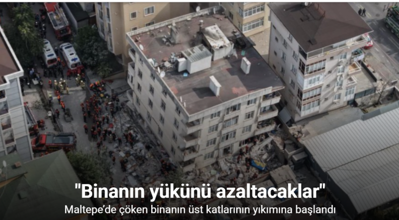 Maltepe’de çöken binanın üst katlarının yıkımına başlandı