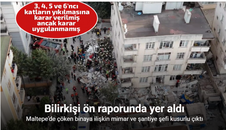 Maltepe’de çöken binaya ilişkin bilirkişi raporunda mimar ve şantiye şefi kusurlu çıktı