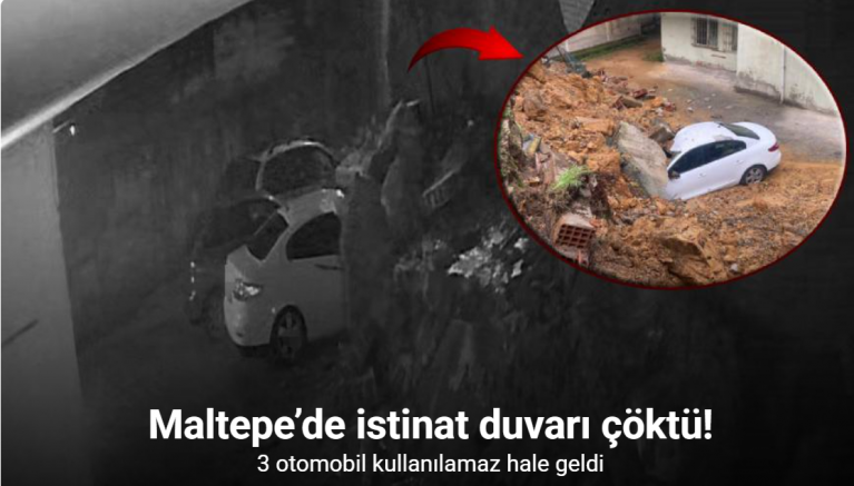 Maltepe’de istinat duvarı park halindeki 3 otomobilin üzerine çöktü