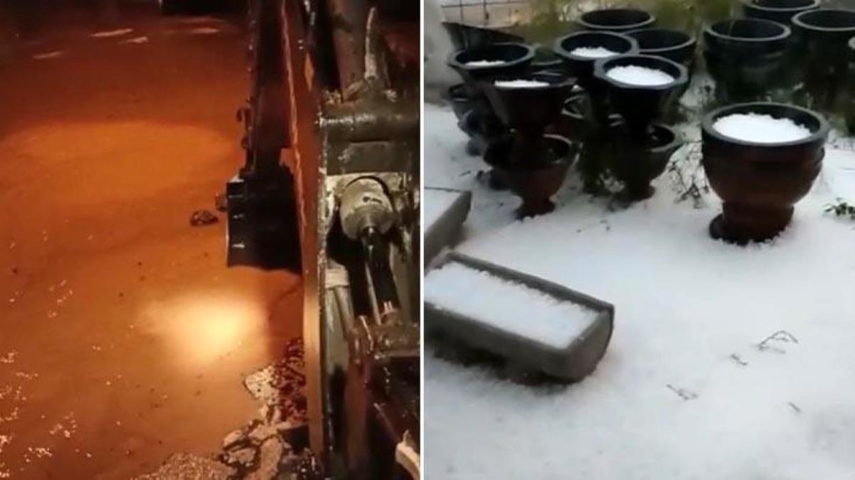 Mersin'i dolu ve sağanak yağış vurdu! Yakınlarına yıldırım düşen vatandaşın panik anları kamerada