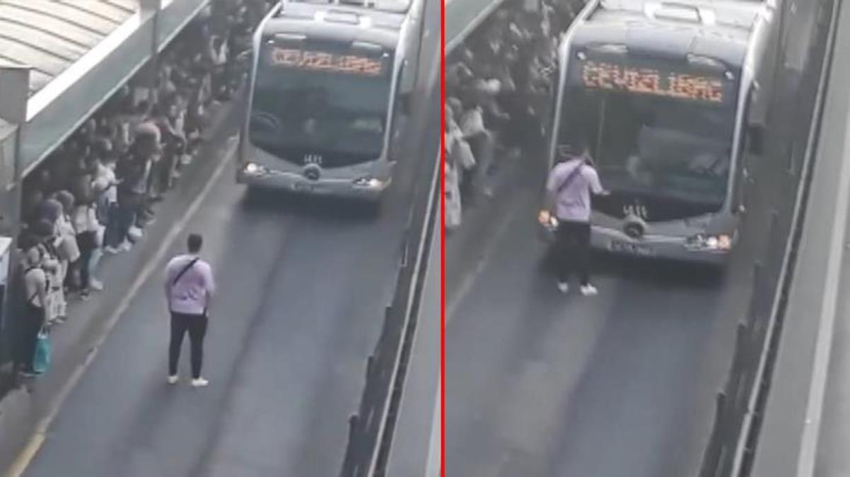 Metrobüslerin arka arkaya durmaması üzerine bir vatandaş aracın önünde durdu -
