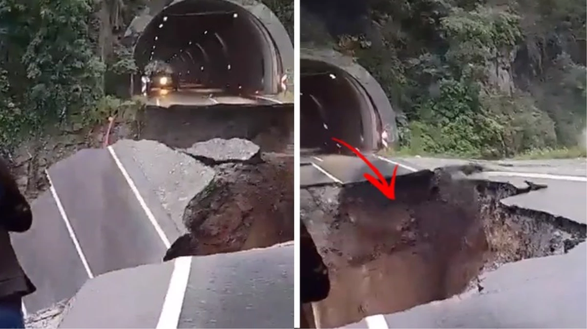 Ordu'da tünel çıkışında yol çöktü! Yaklaşıp aşağıya bakanlar gözlerine inanamıyor