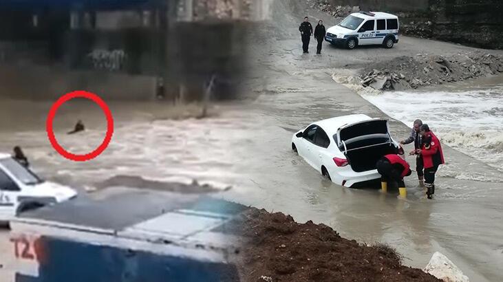 Otomobili dere yatağında kalan sürücü akıntıya kapıldı