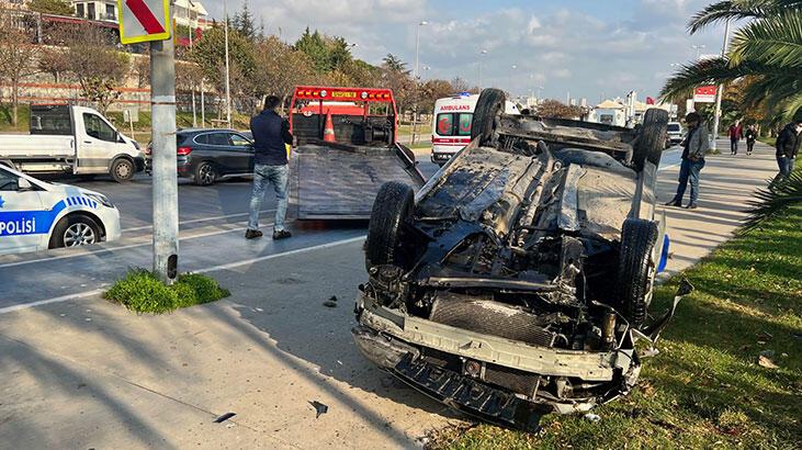 Pendik sahil yolunda takla atan otomobildeki 2 kişi yaralandı