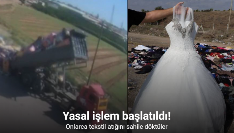 Sahile tonlarca tekstil atığının dökülme anı kamerada: Araç ve firma tespit edildi