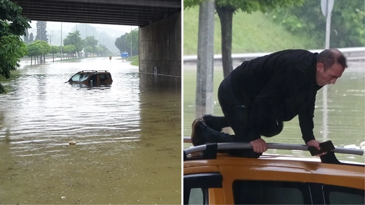 Samsun'da taksici, selde aracıyla suyun içinde mahsur kaldı