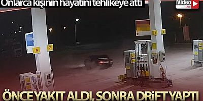 Akaryakıt istasyonunda önce yakıt aldı, sonra drift yaptı