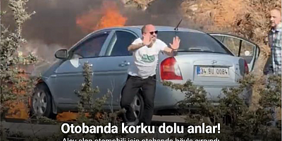 Alev alan otomobili için otobanda böyle çırpındı