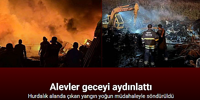 Alevlere teslim olan hurdalık alanda çıkan yangın geceyi aydınlattı