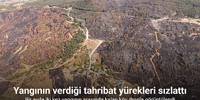 Bir ayda iki kez yangının arasında kalan köy dronla görüntülendi