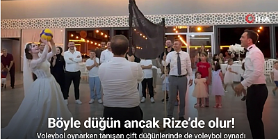 Böyle düğün ancak Rize’de olur...Voleybol oynarken tanışan çift düğünlerinde de voleybol oynadı
