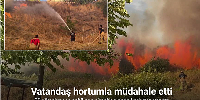 Büyükçekmece sahilinde ağaçlık alanda yangın: Vatandaş hortumla böyle müdahale etti