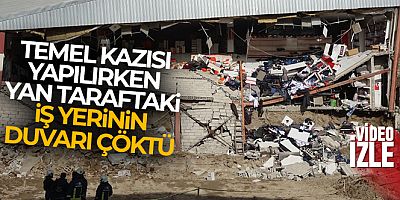 Erciş'te temel kazısı yapılırken yan taraftaki iş yerinin duvarı çöktü