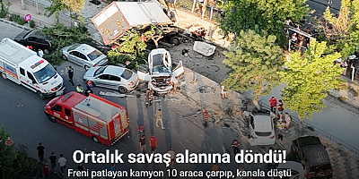 Freni patlayan kamyon 10 araca çarpıp, kanala düştü