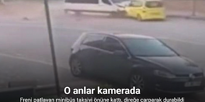 Freni patlayan minibüs taksiyi önüne kattı, direğe çarparak durabildi: 1 yaralı
