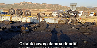 Freni patlayan mısır yüklü tır asfalt makinasına çarptı