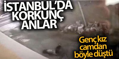 Genç kızın çalıştığı iş yerinin camından düştüğü anlar kamerada