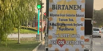 Kamyonetin arkasına astığı pankartla eşinden af diledi