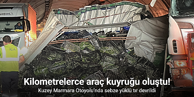 Kuzey Marmara Otoyolu’nda sebze yüklü tır devrildi: Kilometrelerce araç kuyruğu oluştu