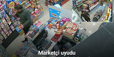 Marketçi uyudu, elini kolunu sallaya sallaya çaldı: O anlar kamerada