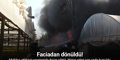 Mobilya atölyesi yangınında faciadan dönüldü: Duvar çöktü, itfaiye erleri son anda kurtuldu