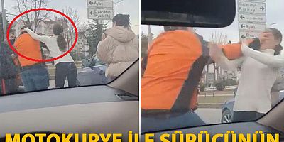 Motokurye ile sürücünün tekmeli, yumruklu kavgası kamerada