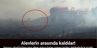 Orman yangınında ters aleve maruz kalan orman işçilerinin o anları kamerada