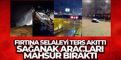 Şiddetli fırtına şelaleyi ters akıttı, sağanak araçları mahsur bıraktı
