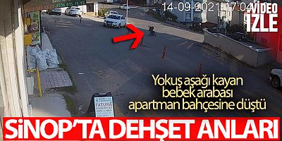 Sinop'ta dehşet anları: Yokuş aşağı kayan bebek arabası apartman bahçesine düştü