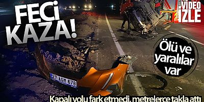 Sürücüsünün kapalı yolu fark etmediği araç metrelerce takla attı