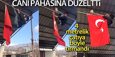 Üniversite öğrencisi ipi kopan Türk bayrağını canı pahasına düzeltti