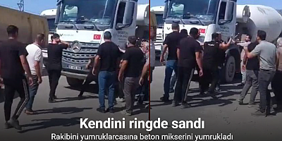 Yol verme tartışmasında sinirlenen vatandaş, kendini ringde hissedercesine kamyonu yumrukladı