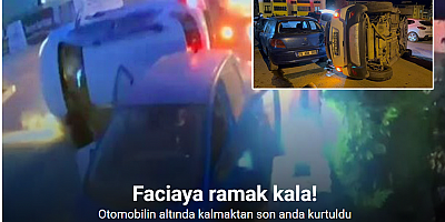 Zincirleme kazada yan yatan otomobilin altında kalmaktan son anda kurtuldu